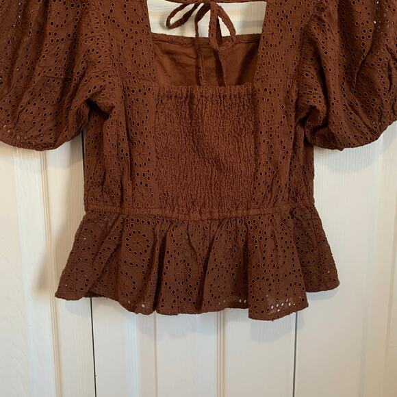 Band of the Free (FKA Band of Gypsies) brown smocked eyelet boho top XS - Picture 5 of 8